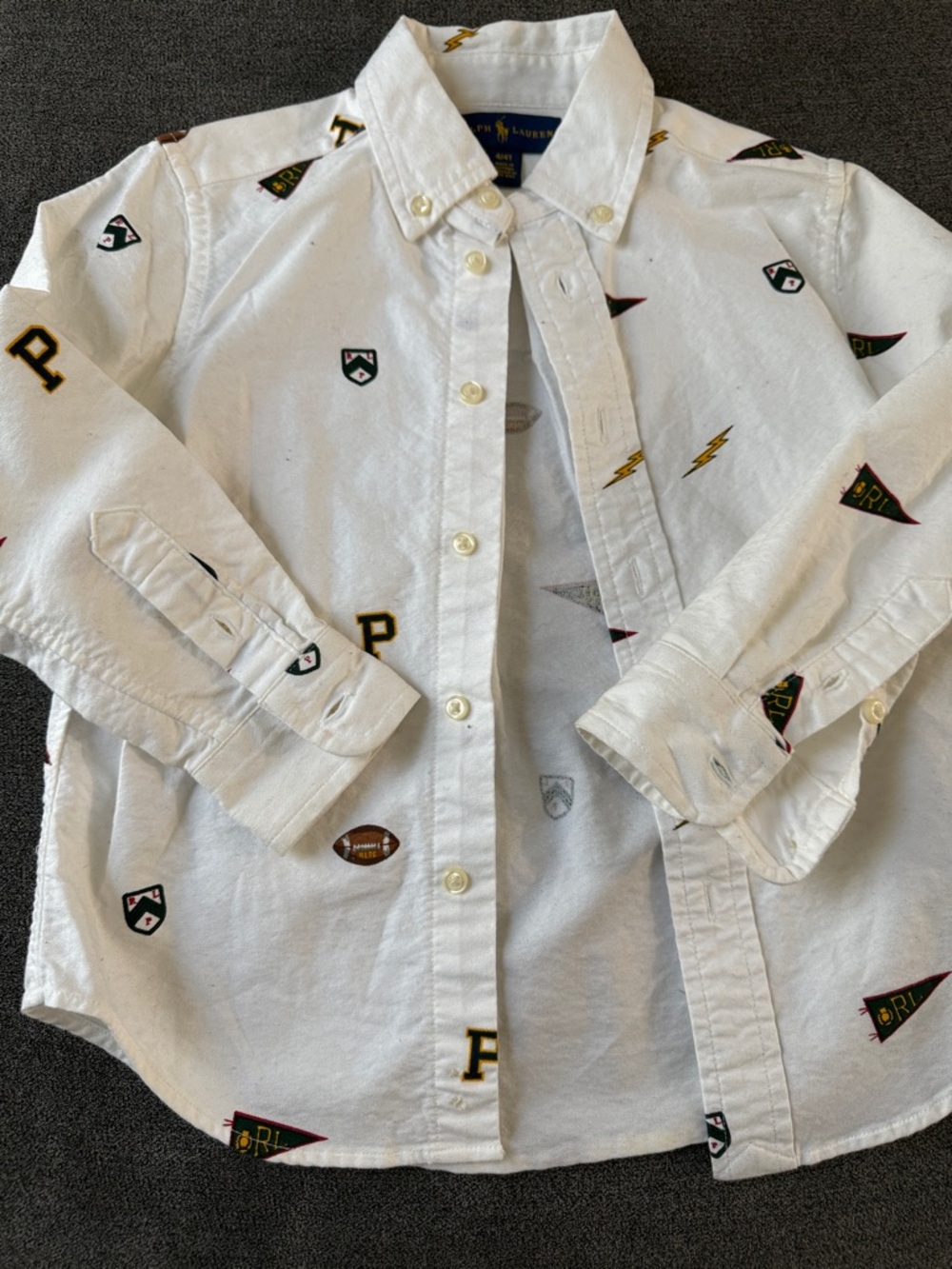 Ralph Lauren White Button-Down Shirt with Multicolor Varsity Embroidery